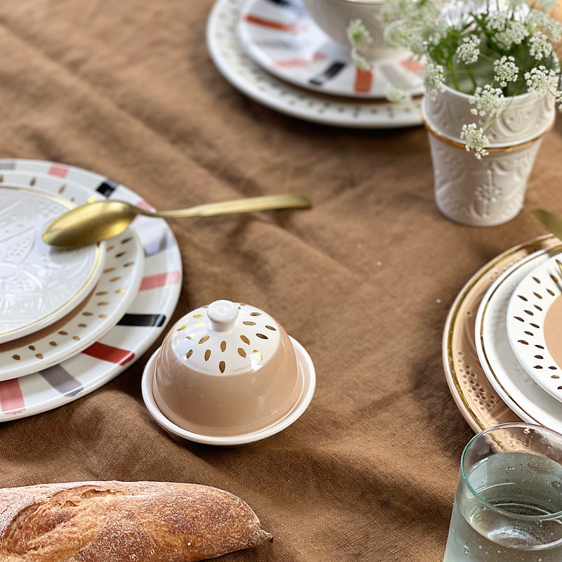 Ceramic butter dish cloche by Chabi chic on a dinner table