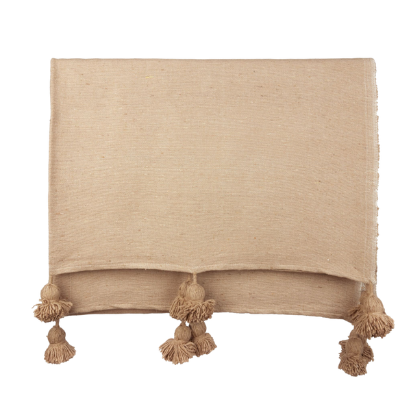 Moroccan Cotton Pom Pom Blanket Camel Beige