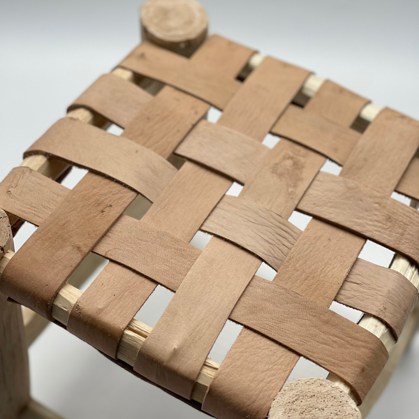 Moroccan wooden stool with leather